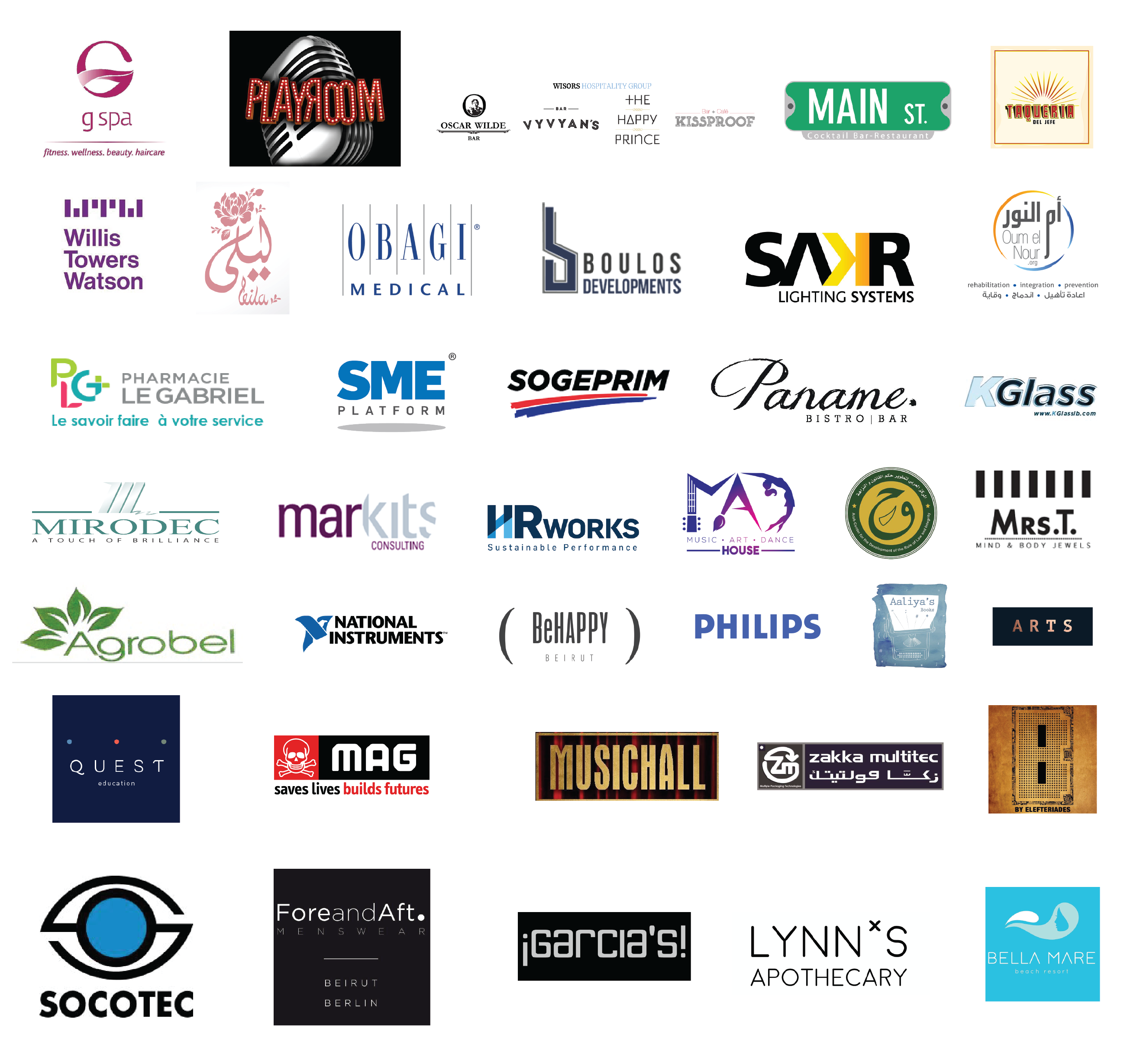 Client Logos: G Spa, Playroom, The Happy Prince, Kissproof, Main Street, National Instruments, Main St., Willis Towers Watson, Leila, obagi, Philips, SAKR, Oum el Nour, Pharmacie Le Gabriel, SME Platform,   KGlass, Sogeprim, Paname, Al Geco, Albina, Agrobel, Mirodec, HR Works, MAD, Mrs. T, Agrobel, BeHappy, Markits, Aaliya's Books, Arts, Quest Education, MAG, Musichall, Zakka Multitec, Socotec, Garcia's, Bella Mare